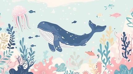 Wall Mural - Watercolor style illustration background landscape ocean where whales, penguins, fish and dolphins are swimming in the summer sea. High quality AI generated image