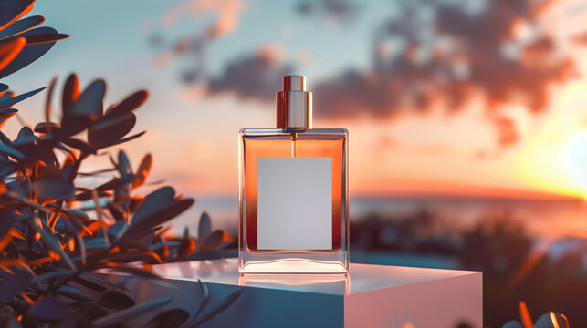 Perfume bottle mockup with white blank label stands on podium against beautiful background for branding product presentation