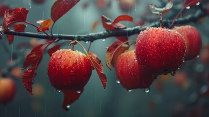 Wall Mural - Red Apples Hanging From Tree in Rain