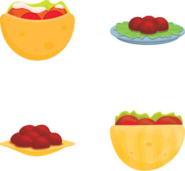 Wall Mural - Falafel icons set cartoon vector. Fresh falafel full of meat and fresh vegetable. Jewish, arabic cuisine