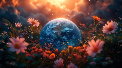 A vibrant and colorful scene of a planet with floral patterns surrounding it, set against a dramatic sky.