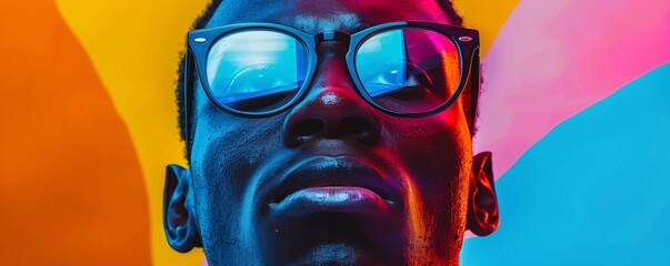 Wall Mural - Portrait of a young adult with a striking expression wearing sunglasses and surrounded by vibrant lights