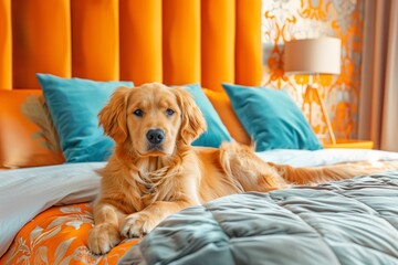 Wall Mural - A golden retriever puppy lies on a bed with orange and teal bedding. The puppy is looking at the camera with a relaxed expression