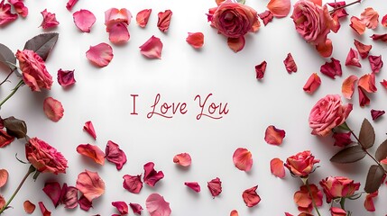 Wall Mural - Pink roses and petals with a love note on a white background. Studio photography with copy space. Valentine's Day and romantic concept. Design for greeting card, invitation, postcard, poster, print.
