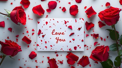 Wall Mural - Red roses and petals with a love note on a white background. Studio photography with copy space. Valentine's Day and romantic concept. Design for greeting card, invitation, postcard, poster, print.
