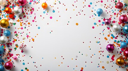 Wall Mural - Colorful confetti and baubles scattered on a white background. Studio photography with copy space. Celebration and festive concept. Design for poster, print, banner, greeting card, invitation.
