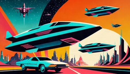 Retro-styled flying cars soar above a vibrant cityscape with a bold color palette, evoking a sense of nostalgic futurism and dynamic urban life.. AI Generation