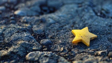 Yellow star-shaped object lying on rocky surface