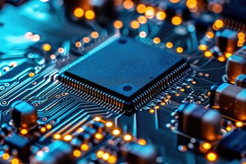Aufkleber - a computer circuit board with red and blue lights, Investigate the behavior of semiconductor devices