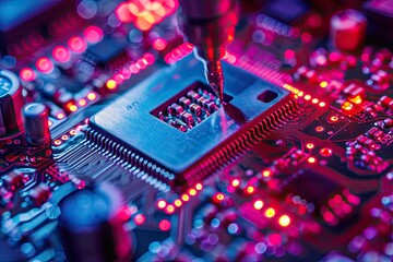 Aufkleber - a computer circuit board with red and blue lights, Investigate the behavior of semiconductor devices