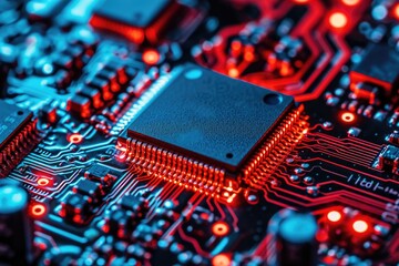 Aufkleber - a computer circuit board with red and blue lights, Investigate the behavior of semiconductor devices
