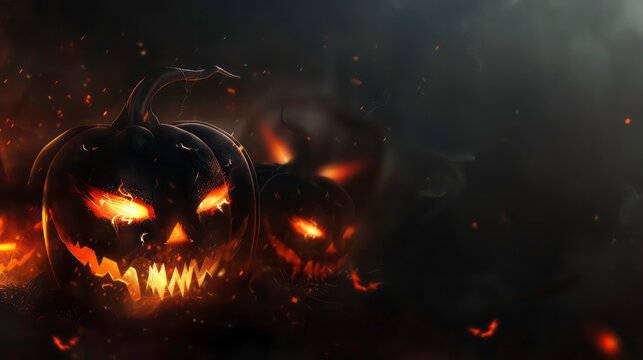 Spooky halloween background. scary pumpkin with burning eyes and smiles in the night. Generative AI