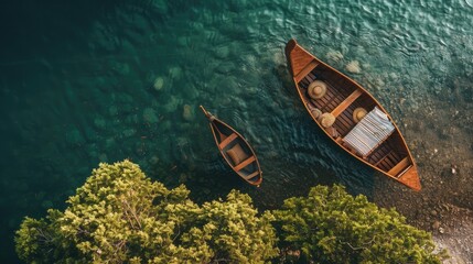 Wall Mural - An aerial view of two boats peacefully floating on the serene lake surrounded by natural landscape with trees, grass, and other terrestrial plants AIG50