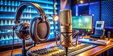 Professional recording studio with microphone, headphones, and mixing equipment illuminated by vibrant blue and purple lights for music production and podcasting