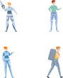 © nsit0108 - Exoskeleton costume icons set cartoon vector. People in robotic costume. Future technology