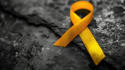 Wall Mural - Yellow awareness ribbon on dark textured background symbolizing support and