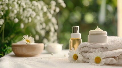 Wall Mural - Natural cosmetic creams spa treatments and bath towels for body care