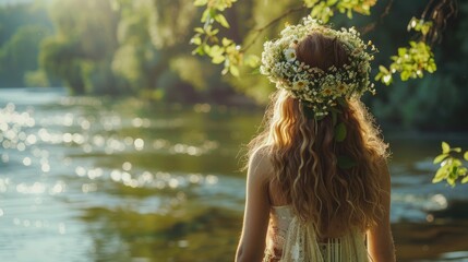 Sticker - A girl adorned with a floral wreath stands by the river set against a sunny natural backdrop The focus is on the back view showcasing the floral crown that symbolizes the arrival of summer 