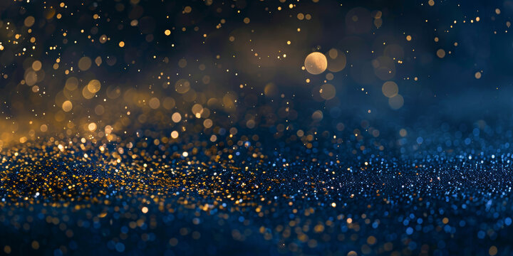 Elegant floating golden and blue particles on a dark background...