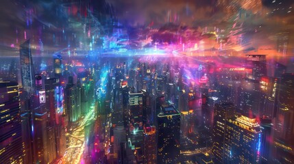 Wall Mural - neon splendor over urban night scape. a bustling urban skyline under a magical overlay of colorful, 