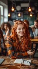 Sticker - A woman with red hair sitting at a table in front of people. AI.