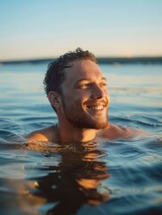 Sticker - A man smiling while swimming in the water. AI.