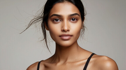 Close up portrait of beautiful Indian female model in 20s with perfect glowy skin 	