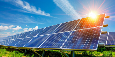 Solar panels against the blue sky with clouds -  photovoltaic, alternative electricity source - concept of sustainable resources