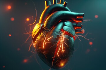 A 3D rendering of a human heart with blue and red veins and arteries with a glowing effect on a dark blue background