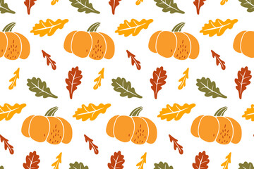 Wall Mural - Seamless Pumpkin pattern. Pumpkin fruit and falling leaves on white background. Vector Fall, Autumn, Thanksgiving Repeated background for textile, fabric, paper, wallpaper, packaging. Autumn print.