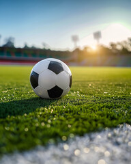 Wall Mural - a soccer ball on green field with blur stadium at background