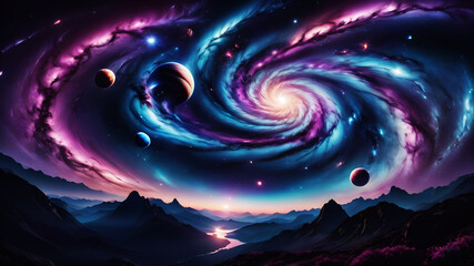 Wall Mural - a cosmic swirl that features stars, planets, and nebulae. the color palette should include deep blue
