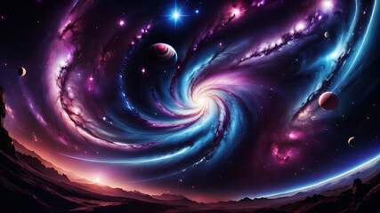 Wall Mural - a cosmic swirl that features stars, planets, and nebulae. the color palette should include deep blue