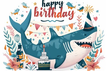 Wall Mural - happy birthday greeting card minimal flat illustration pastel color with a shark