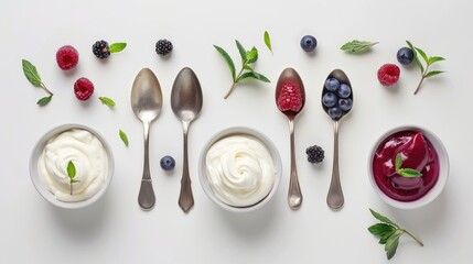 Wall Mural - Yogurt presented in spoons and bowls against a white background a compilation