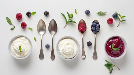 Poster - Yogurt presented in spoons and bowls against a white background a compilation