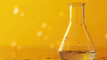 Close up image of an Erlenmeyer flask on a yellow backdrop