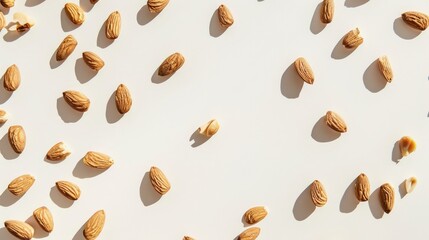 Wall Mural - Almonds scattered on a white background viewed from the front