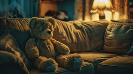 Wall Mural - A solitary teddy bear is perched on a sofa under a vintage filter embodying loneliness as it rests alone in a dimly lit living room at night This poignant image evokes the theme of missing c