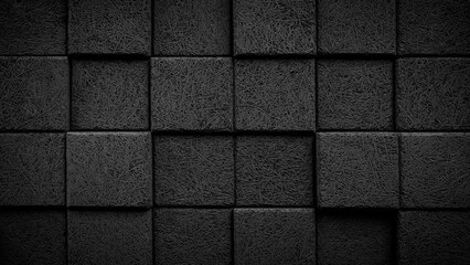Aufkleber - A black and white photo of a wall made of black blocks. The photo is monochrome and has a very dark and moody feel to it. The blocks are arranged in a way that creates a sense of depth and texture