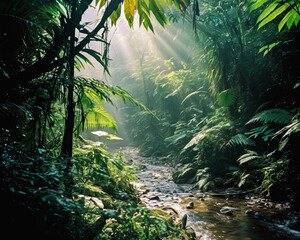 Wall Mural - A lush green jungle with a stream running through it