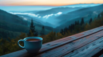 Wall Mural - Cup of hot tea on wooden balcony overlooking mountains