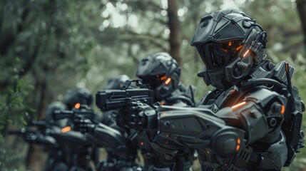 Soldiers group of cyberpunk armor are on a mission in the jungle Background wallpaper AI generated image