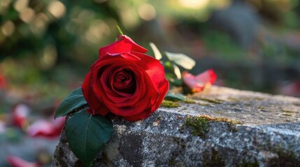 Wall Mural - A vibrant red rose delicately placed on a tombstone symbolizes the profound connection between love and loss capturing the essence of tragedy and sorrow in the face of losing a cherished on