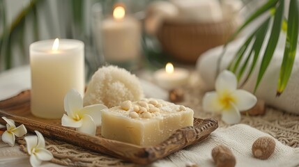 Wall Mural - Spa and beauty theme with soap candle and shea butter on tray Homemade soap candle shea butter