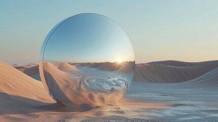 Wall Mural - Surreal Desert Landscape with Mirror Reflecting the Vast Arid Terrain