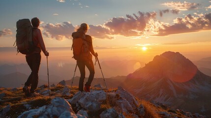 Wall Mural - Two people are hiking up a mountain and looking at the sunset