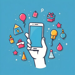 Sticker - hand holding smartphone with celebration and gifts icons isolated on blue background, vector ready for design, happy birthday concept