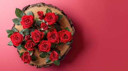 Sticker - A wooden podium crafted from a tree trunk is adorned with vibrant red roses against a striking magenta backdrop viewed from above Perfect for Valentine s Day and showcasing the trendy color