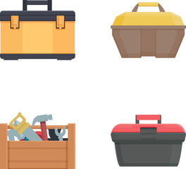 Wall Mural - Toolkit icons set cartoon vector. Toolbox with hand instrument inside. Construction and repair tool